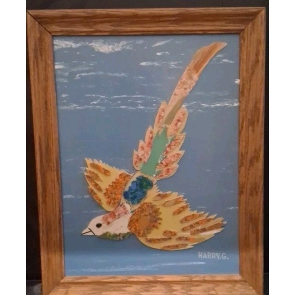 Vintage Framed Handcrafted Bird Collage signed by Harry G.